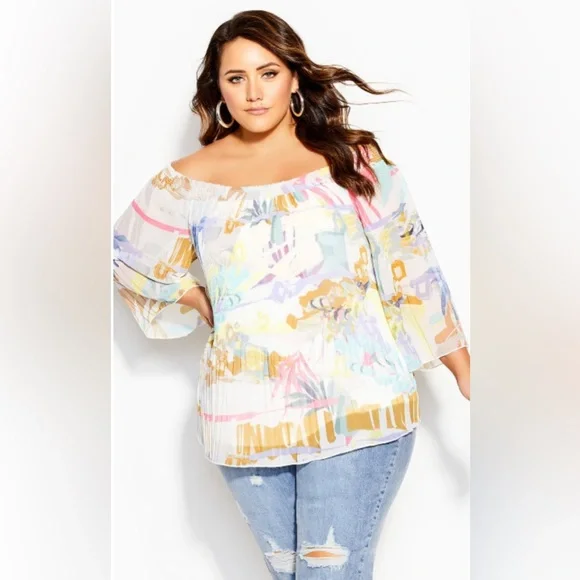 NWT City Chic Retro Storm Off Shoulder Chiffon Floaty Top Plus Size S (16) - Picture 2 of 8